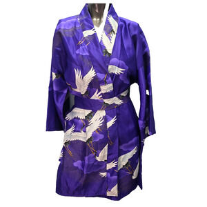 Vintage Marukyo of Kyoto Tokyo Women's Purple Crane Bird Print Belted Kimono